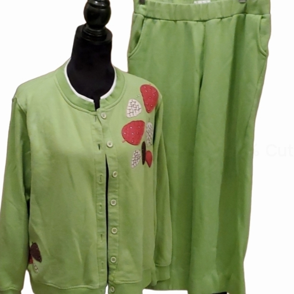 Rebecca Malone Cardigan Womens Size L Jogger Pants set acorn applique vintage
